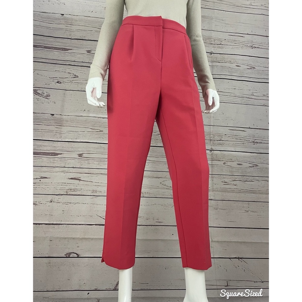 TOPSHOP Cropped Front Pleat Notch Hem Coral Red Trousers Dress Pants